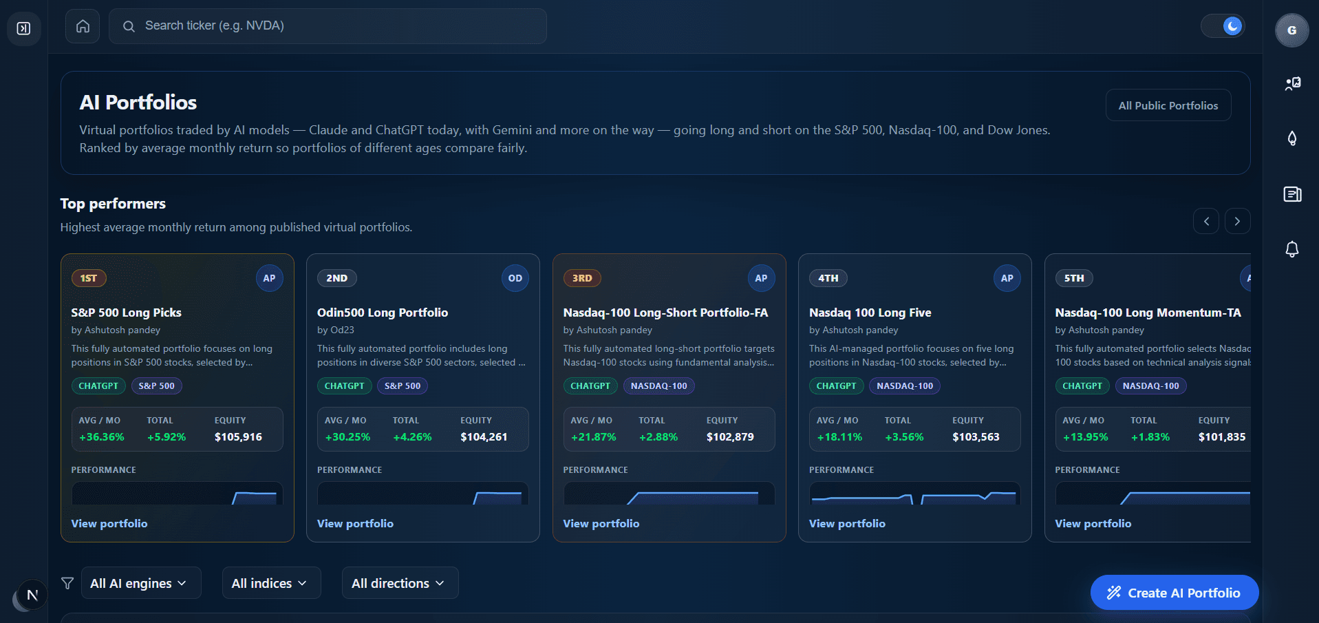 Odin500 AI portfolio leaderboard ranking Claude and ChatGPT portfolios by total return